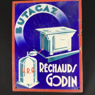 Très rare plaque publicitaire émaillée ancienne réchauds Godin U.R.G. Butagaz