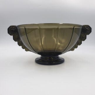 COUPE ART DECO EN VERRE MOULE PRESSE AMBRE POIGNEES DECOR GEOMETRIQUE 1930