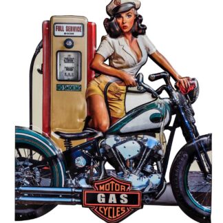 Plaque publicitaire tôle station-service murale moto pin-up 70cm style antique