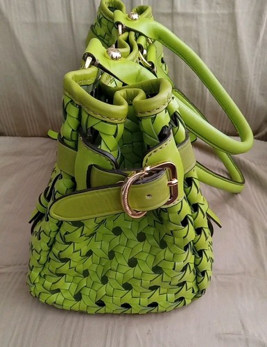 Francesco Biasia Woven Leather Small Tote Bag Lime Green – Image 3