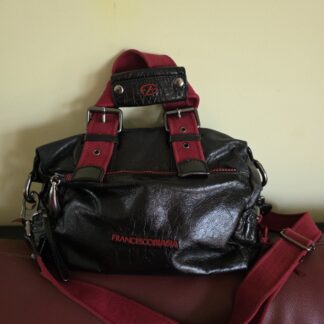Francesco Biasia Satchel Crossbody Bag Black Patent Leather Red Trim Top Zip EUC