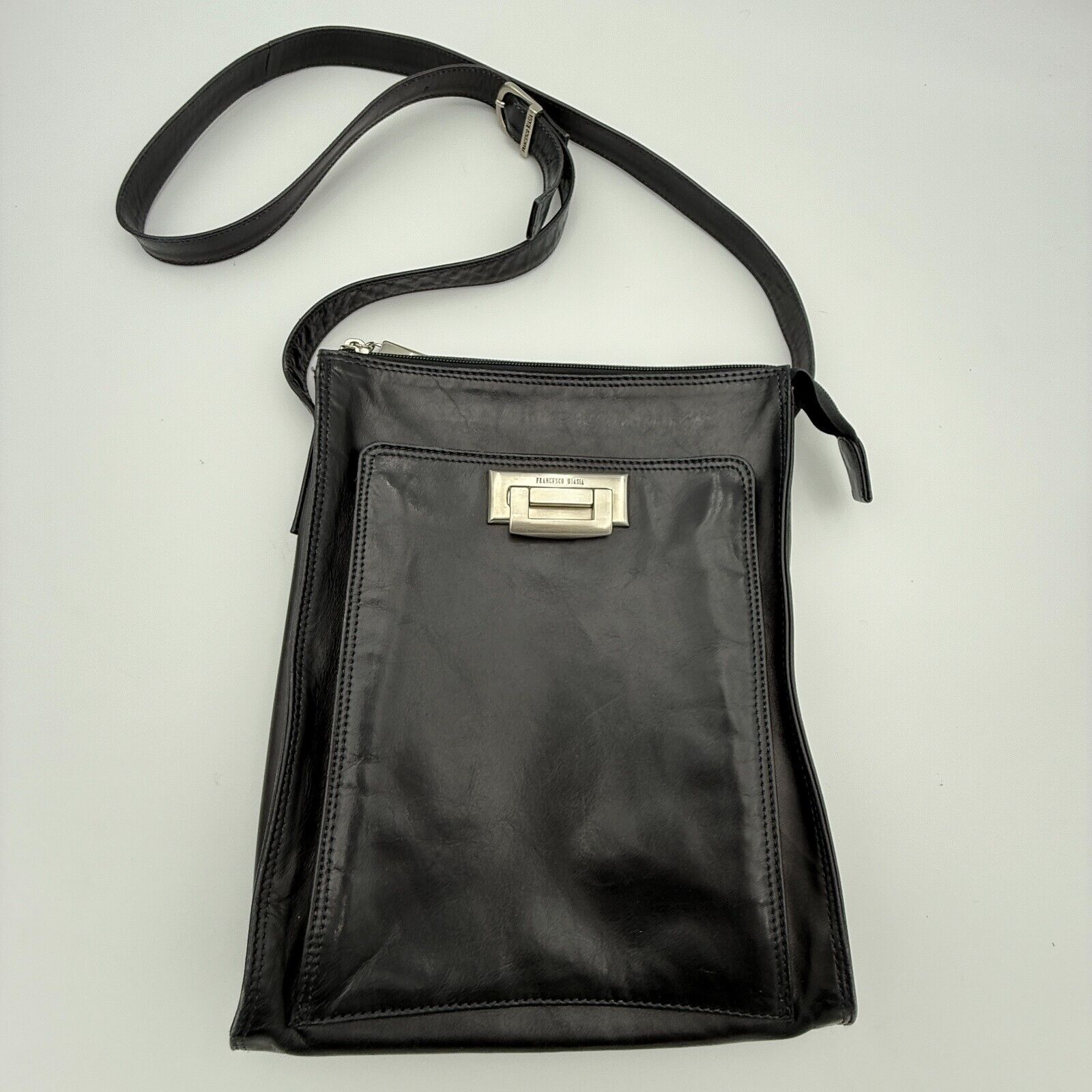Francesco Biasia Crossbody Messenger Bag Black Leather Classic Minimalist Chic