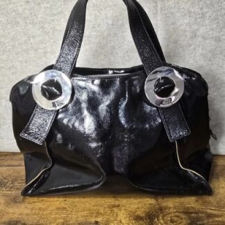 Vintage Francesco Biasi Black Patent Leather Large Silver Buckle Tote Purse