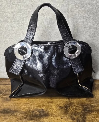 Vintage Francesco Biasi Black Patent Leather Large Silver Buckle Tote Purse