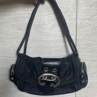 Francesco Biasia Y2K Black Nylon Leather Stitched Strap Shoulder Bag Purse