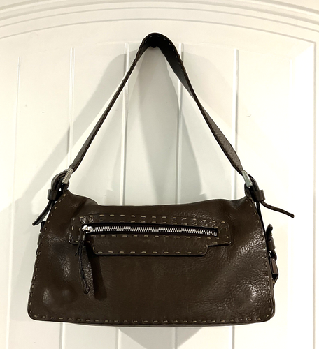 Vtg Francesco Biasia Pebbled Italian Brown Supple Leather Handbag Stitch Details