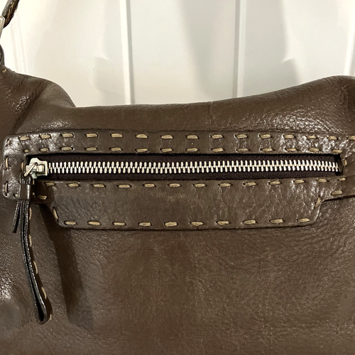 Vtg Francesco Biasia Pebbled Italian Brown Supple Leather Handbag Stitch Details – Image 2