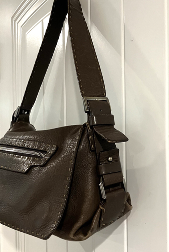 Vtg Francesco Biasia Pebbled Italian Brown Supple Leather Handbag Stitch Details – Image 3