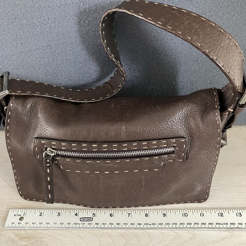 Vtg Francesco Biasia Pebbled Italian Brown Supple Leather Handbag Stitch Details – Image 8