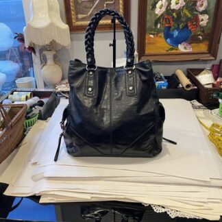 Francesco Biasia Black Leather Large Satchel Tote with Braided Handles carryall