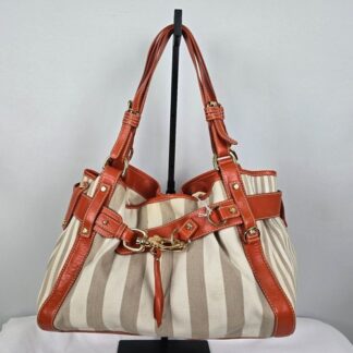 Francesco Biasia Shoulder Bag Canvas Leather Cream Tan Orange 16" x 10" x 6"