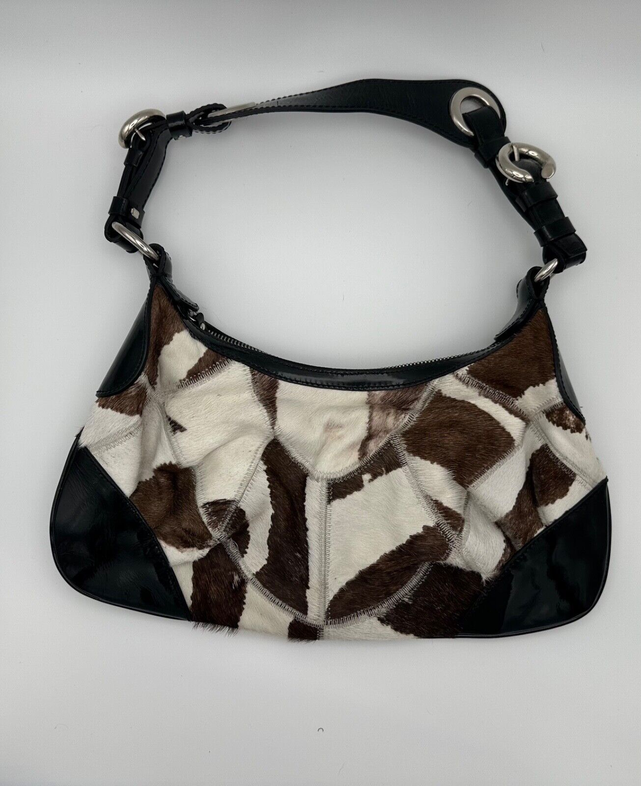 Francesco Biasia Brown White Cowhide Patchwork Leather Shoulder Bag Black Patent