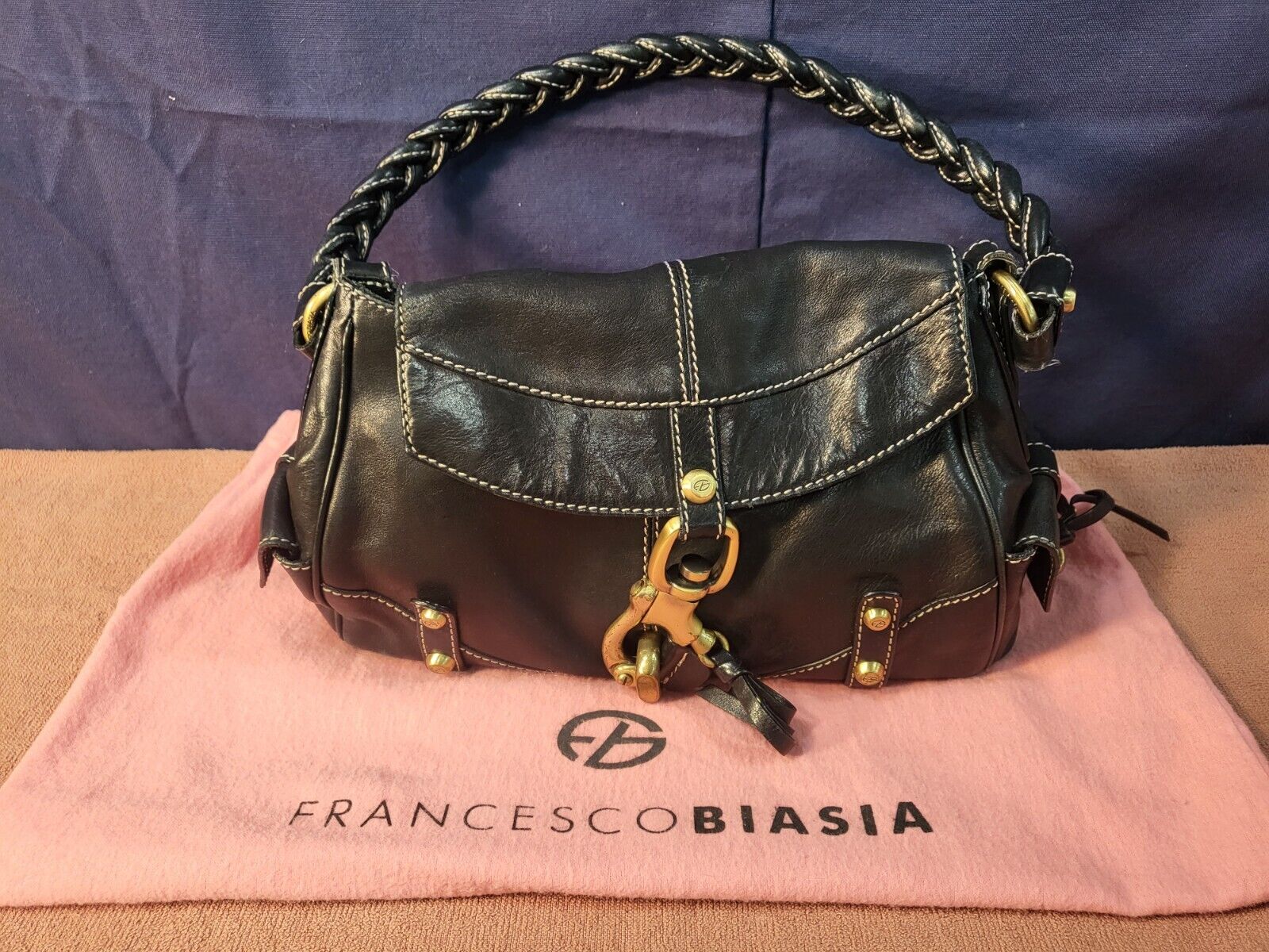 FRANCESCO BIASIA BLACK LEATHER SATCHEL/HANDBAG, Used, Single Handle (JP5102)