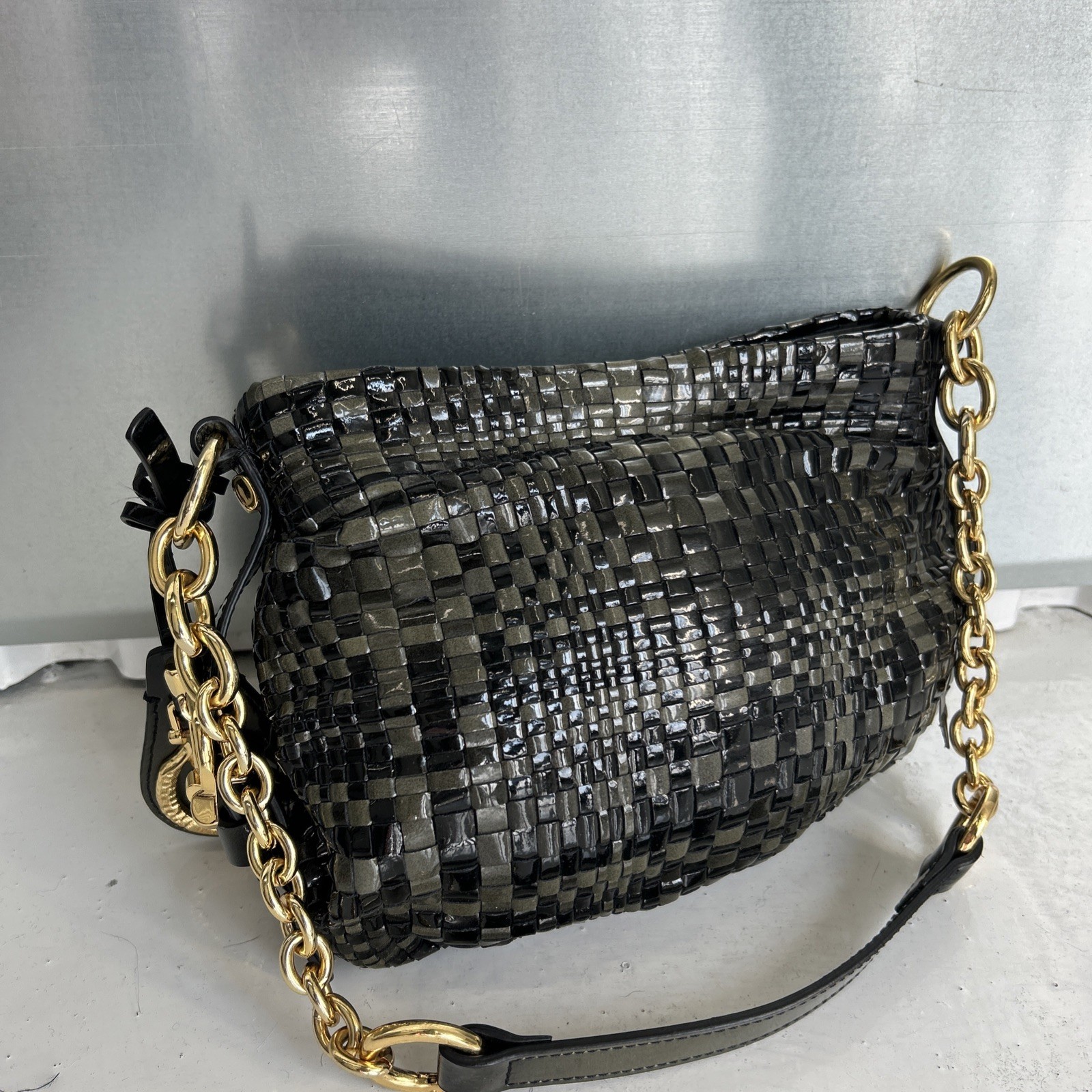 Vintage Francesco Biasia Black Leather Woven Capacity Purse Bottega Veneta Style