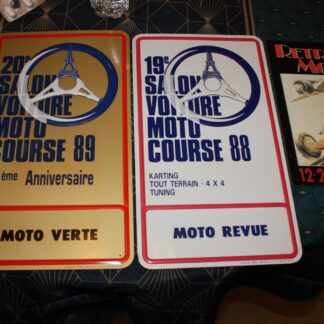 3 Plaques publicitaires métal récents  Salon voiture moto course  88 et 89