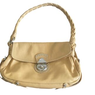 Francesco Biasia Leather Handbag Purse Camel Silver Mono Hardware Braided Strap