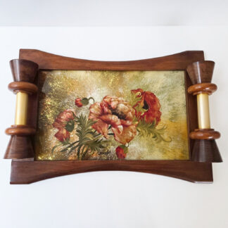 PLATEAU ART DECO VINTAGE 1940 EN BOIS VERNIS & LAITON A DECOR DE PIVOINES DOPE