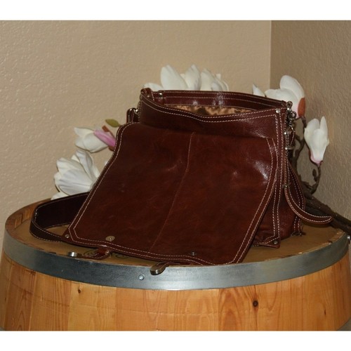 FRANCESCO BIASIA Brown Leather Saddle Bucket Satchel Shoulder Bag Purse Handbag – Image 6