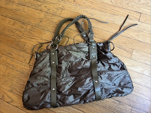 FRANCESCO BIASIA Large Top Handle/Satchel Nylon Leather Trim Zip Bag Brown NWOT