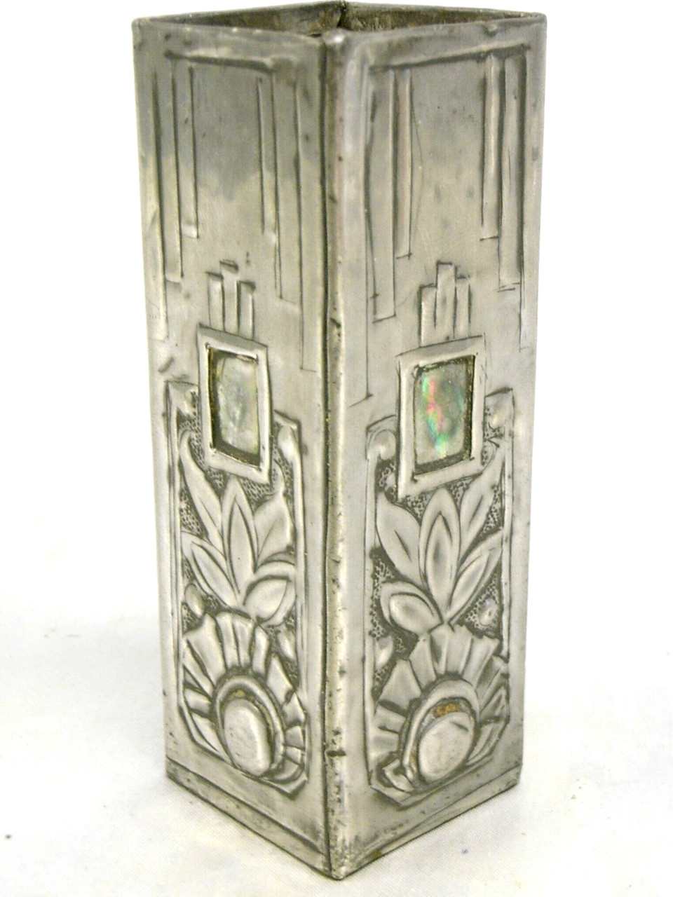 🇫🇷 VASE TUBE CARRE QUADRANGULAIRE ART DECO ÉTAIN INCRUSTATION NACRE VINTAGE