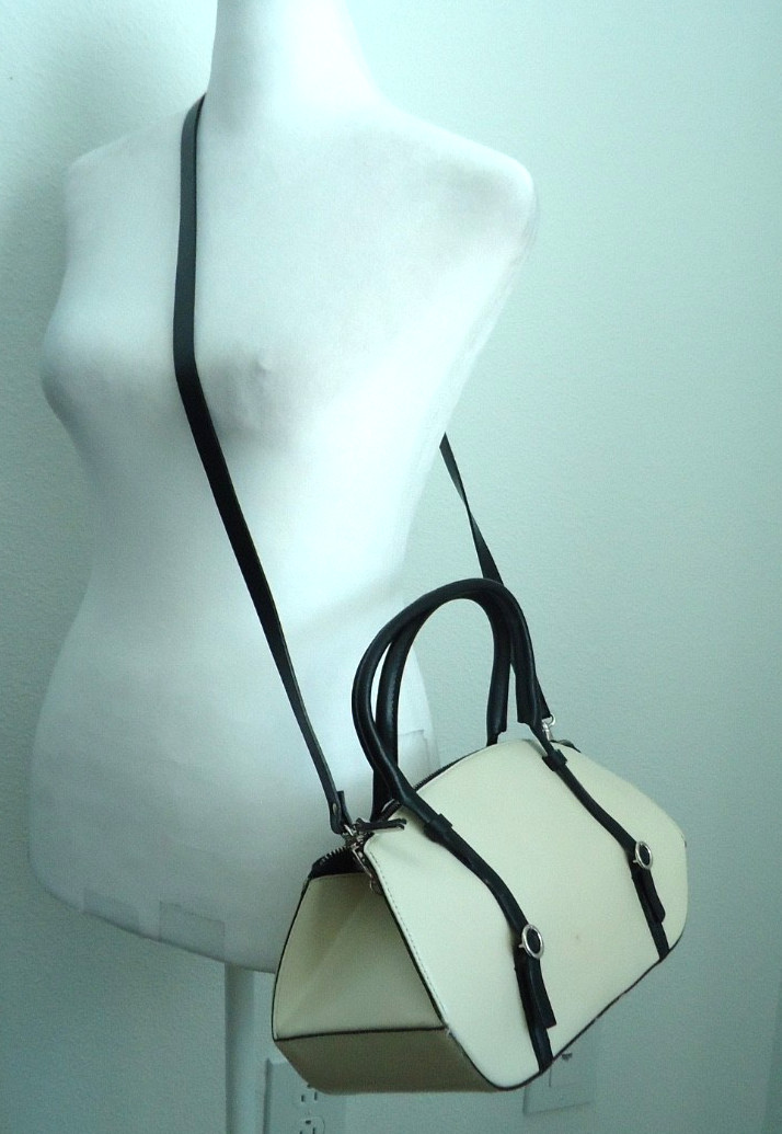 Vtg 70s FRANCESCO BIASIA Italy Women's Split Leather Handbag Ivory Black 11.5x7x